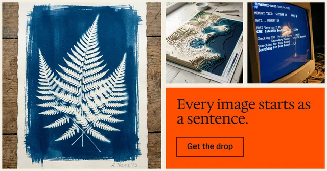 Social ad for HelloPrompts: "Every image starts as a sentence." Editorial style, collage layout, light palette in blue, orange, grey.