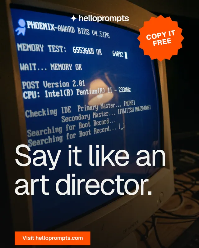Instagram portrait post for HelloPrompts: "Say it like an art director." Swiss style, sticker layout, dark palette in black, blue, grey.