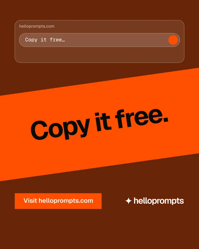 Instagram portrait post for HelloPrompts: "Copy it free." Swiss style, diagonal layout, dark palette in orange.