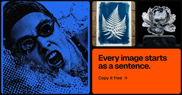 Social ad for HelloPrompts: "Every image starts as a sentence." Agentic glass style, collage layout, dark palette in blue, black, red.