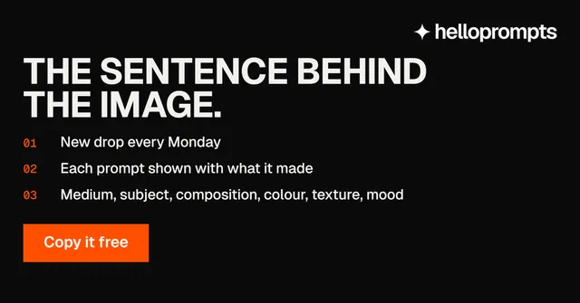 Social ad for HelloPrompts: "The sentence behind the image." Swiss style, numbered layout, dark palette in black, grey.