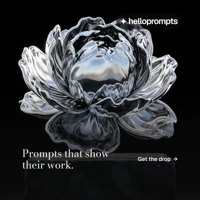 Instagram post for HelloPrompts: "Prompts that show their work." Minimal luxury style, image led layout, dark palette in black, grey.