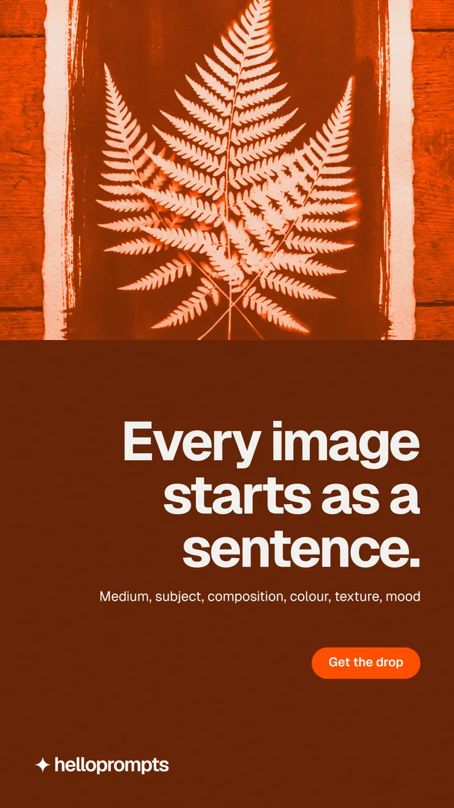 Instagram story for HelloPrompts: "Every image starts as a sentence." Y2K style, right layout, dark palette in orange.