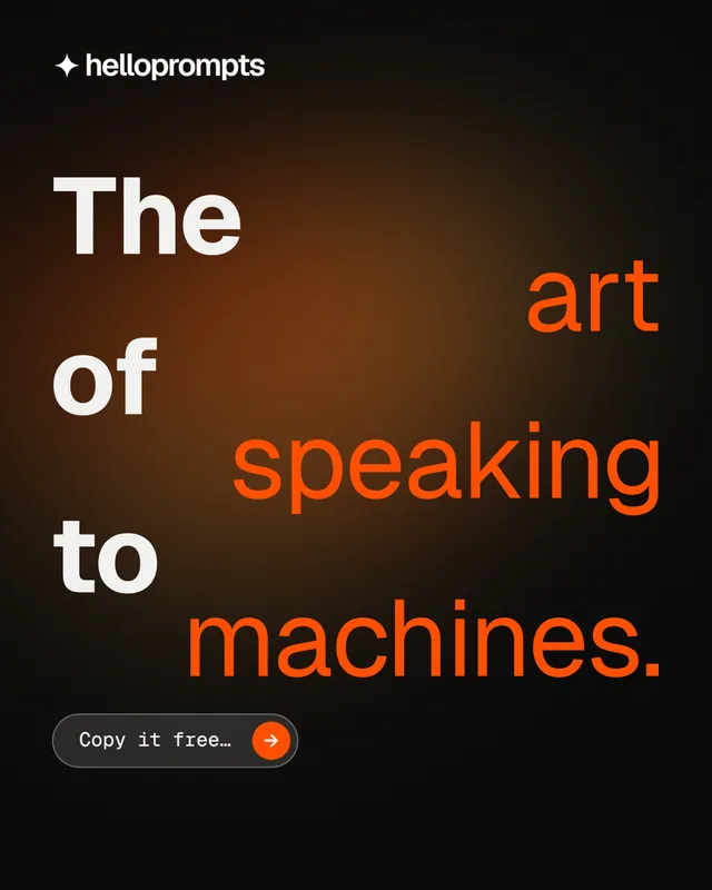 Instagram portrait post for HelloPrompts: "The art of speaking to machines." Agentic glass style, stacked layout, dark palette in black, orange, brown.