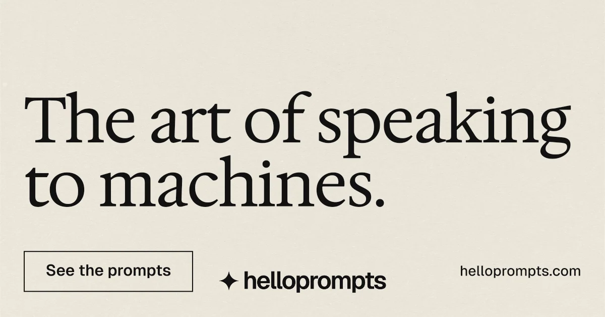 Social ad for HelloPrompts: "The art of speaking to machines." Editorial style, poster layout, light palette in yellow, orange, grey.