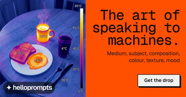 Social ad for HelloPrompts: "The art of speaking to machines." Brutalist style, right layout, dark palette in orange, blue, grey.