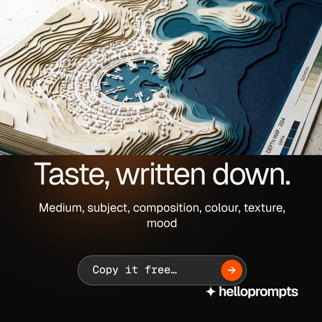 Instagram post for HelloPrompts: "Taste, written down." Agentic glass style, skeleton layout, dark palette in black, grey, yellow.