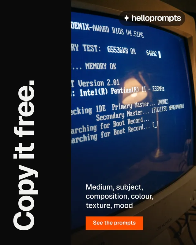 Instagram portrait post for HelloPrompts: "Copy it free." Swiss style, vertical layout, dark palette in black, blue, grey.