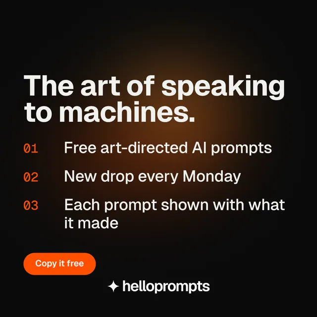 Instagram post for HelloPrompts: "The art of speaking to machines." Y2K style, numbered layout, dark palette in black, orange.
