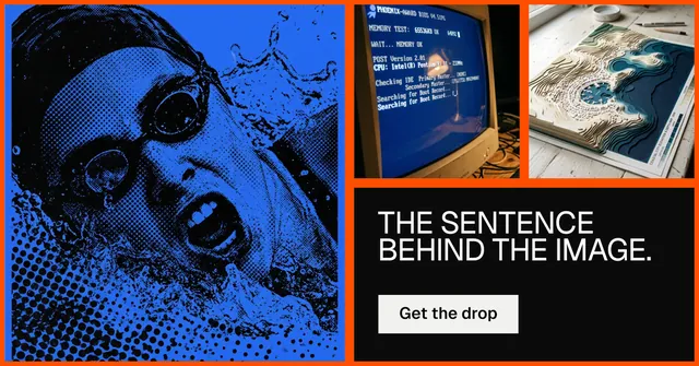 Social ad for HelloPrompts: "The sentence behind the image." Brutalist style, collage layout, dark palette in blue, black.