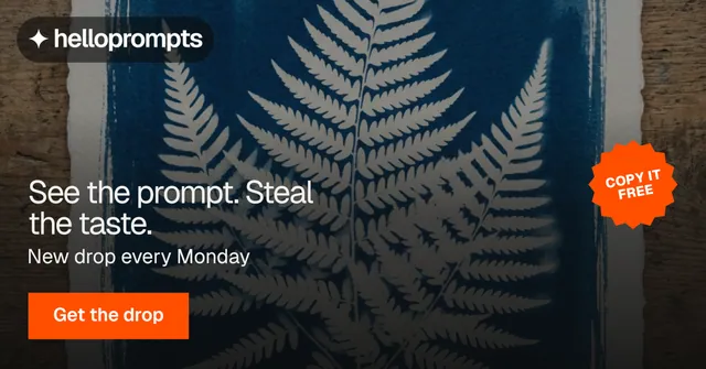 Social ad for HelloPrompts: "See the prompt. Steal the taste." Swiss style, sticker layout, dark palette in black, grey, brown.