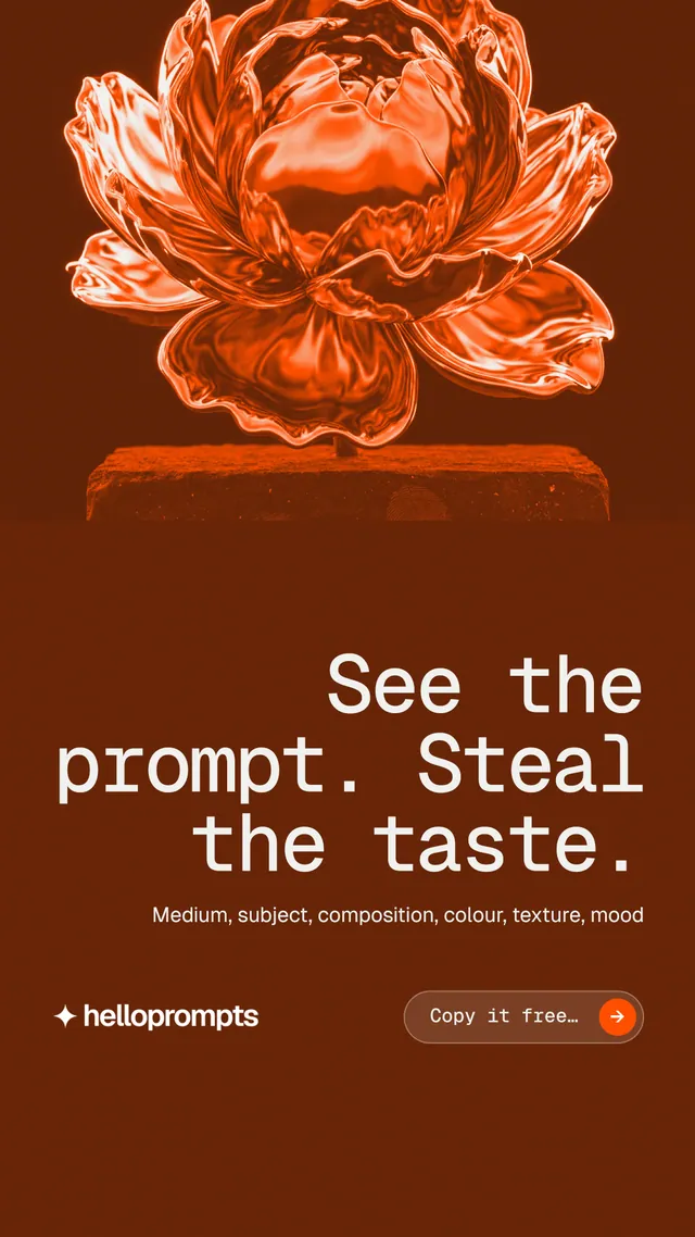 Instagram story for HelloPrompts: "See the prompt. Steal the taste." Agentic glass style, right layout, dark palette in orange, brown.
