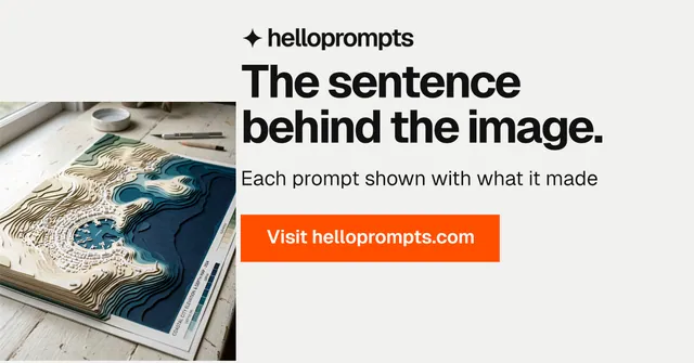 Social ad for HelloPrompts: "The sentence behind the image." Swiss style, skeleton layout, light palette in white, grey.