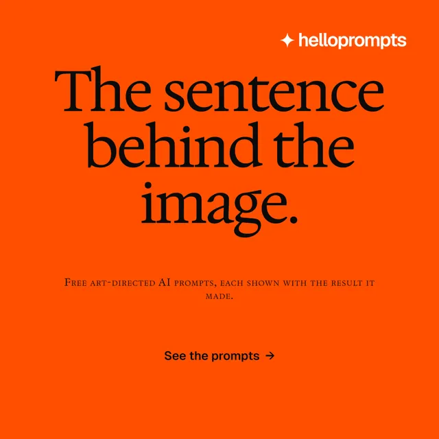 Instagram post for HelloPrompts: "The sentence behind the image." Split block style, smallcaps layout, dark palette in orange.