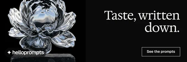 X header for HelloPrompts: "Taste, written down." Editorial style, right layout, dark palette in black, grey.
