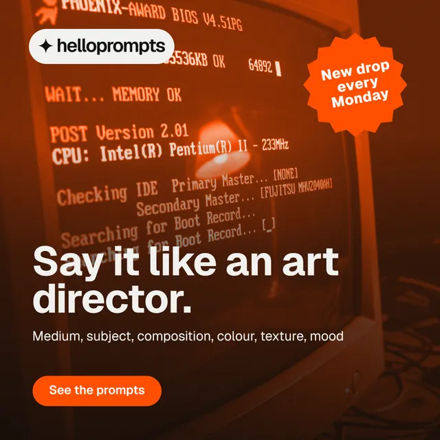Instagram post for HelloPrompts: "Say it like an art director." Y2K style, sticker layout, dark palette in black, orange.