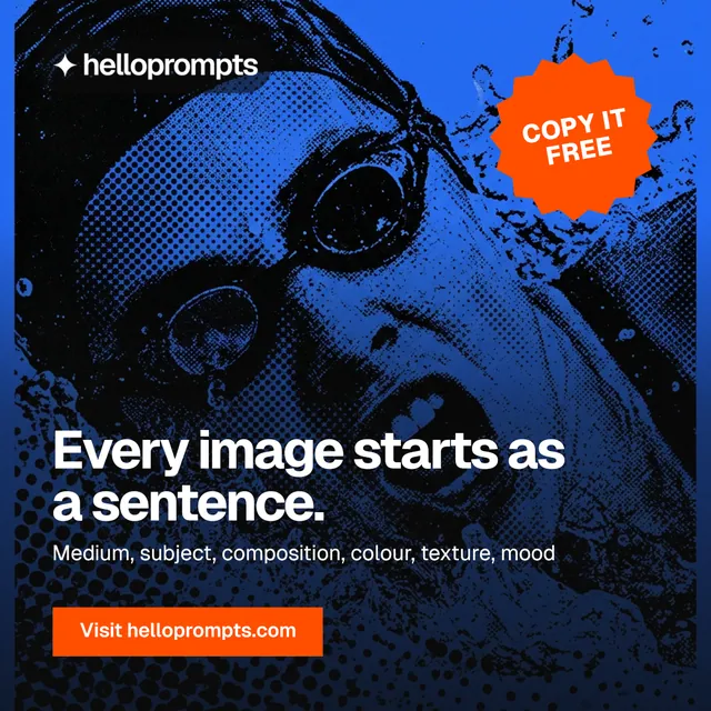 Instagram post for HelloPrompts: "Every image starts as a sentence." Swiss style, sticker layout, dark palette in blue, black.