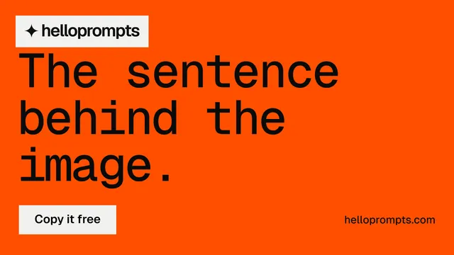 Landscape graphic for HelloPrompts: "The sentence behind the image." Split block style, poster layout, dark palette in orange.