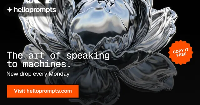 Social ad for HelloPrompts: "The art of speaking to machines." Brutalist style, sticker layout, dark palette in black, orange, grey.