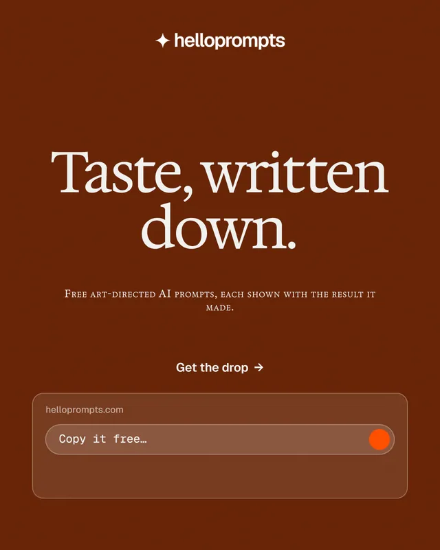 Instagram portrait post for HelloPrompts: "Taste, written down." Y2K style, smallcaps layout, dark palette in orange, brown.
