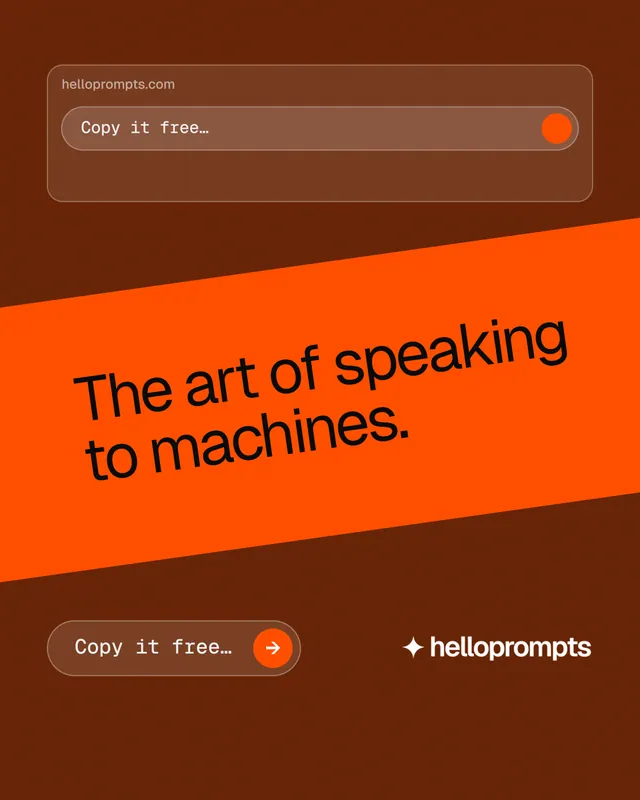 Instagram portrait post for HelloPrompts: "The art of speaking to machines." Agentic glass style, diagonal layout, dark palette in orange.