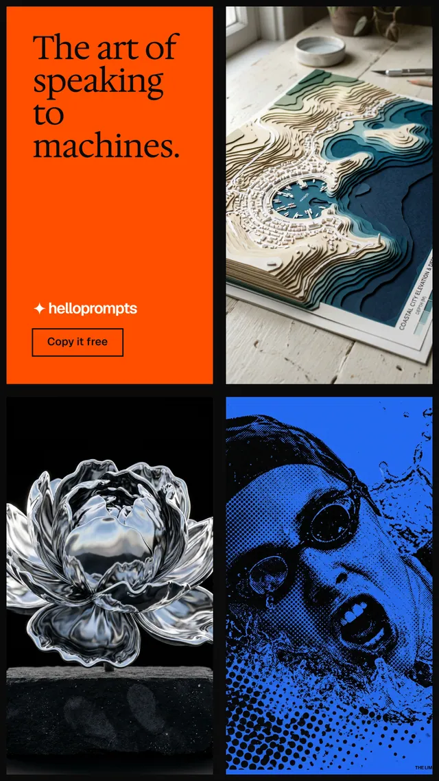 Instagram story for HelloPrompts: "The art of speaking to machines." Editorial style, collage layout, dark palette in black, red, blue.