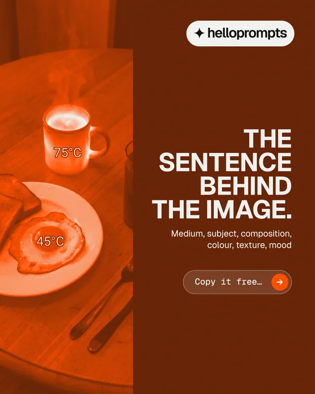 Instagram portrait post for HelloPrompts: "The sentence behind the image." Agentic glass style, right layout, dark palette in orange, brown.