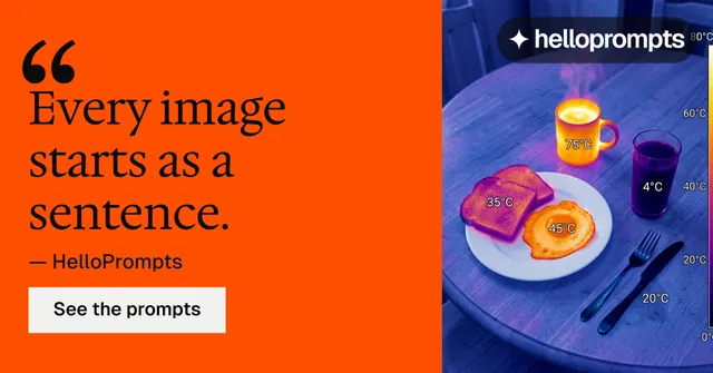 Social ad for HelloPrompts: "Prompts that show their work." Split block style, quote layout, dark palette in orange, blue, grey.