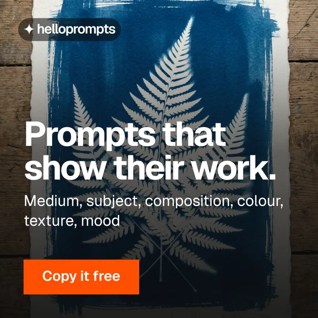 Instagram post for HelloPrompts: "Prompts that show their work." Swiss style, skeleton layout, dark palette in black, grey, blue.