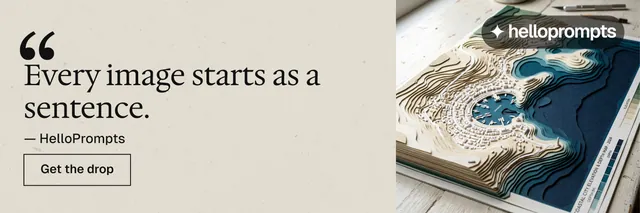 X header for HelloPrompts: "Prompts that show their work." Editorial style, quote layout, light palette in orange, grey, yellow.
