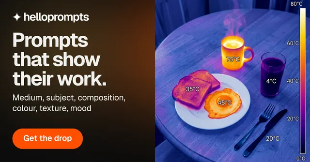 Social ad for HelloPrompts: "Prompts that show their work." Y2K style, bottom layout, dark palette in red, blue, orange.