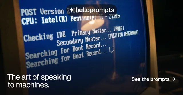 Social ad for HelloPrompts: "The art of speaking to machines." Split block style, image led layout, dark palette in black, blue, grey.