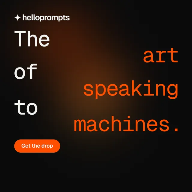 Instagram post for HelloPrompts: "The art of speaking to machines." Y2K style, stacked layout, dark palette in black, orange.