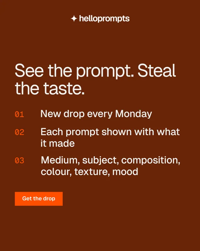 Instagram portrait post for HelloPrompts: "See the prompt. Steal the taste." Swiss style, numbered layout, dark palette in orange, brown.