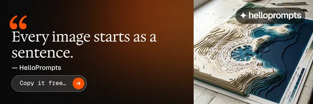X header for HelloPrompts: "Say it like an art director." Agentic glass style, quote layout, dark palette in black, orange, grey.
