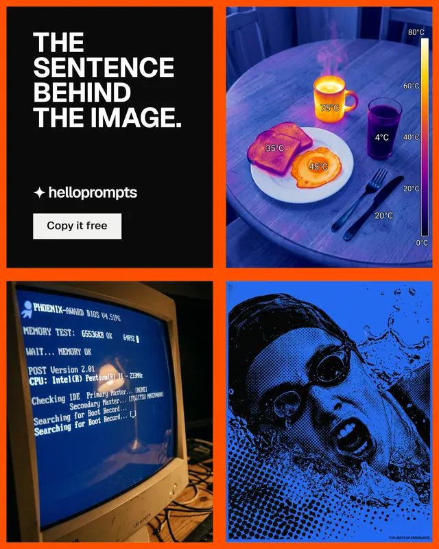 Instagram portrait post for HelloPrompts: "The sentence behind the image." Brutalist style, collage layout, dark palette in black, blue, red.