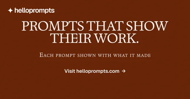 Social ad for HelloPrompts: "Prompts that show their work." Agentic glass style, smallcaps layout, dark palette in orange, brown.
