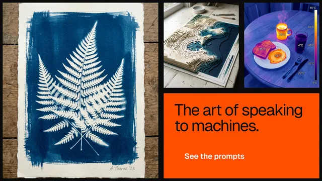 Landscape graphic for HelloPrompts: "The art of speaking to machines." Swiss style, collage layout, dark palette in blue, orange, grey.