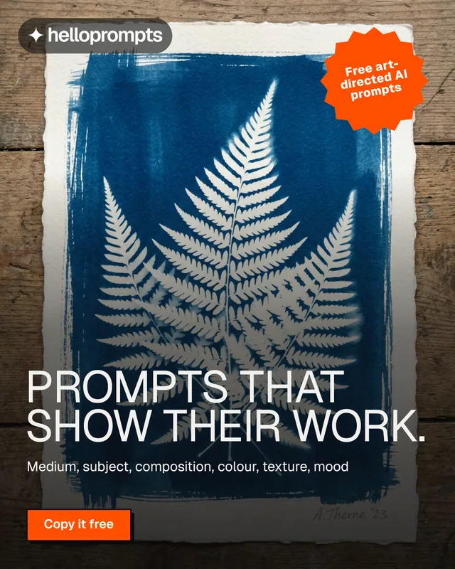 Instagram portrait post for HelloPrompts: "Prompts that show their work." Brutalist style, sticker layout, dark palette in blue, black, grey.