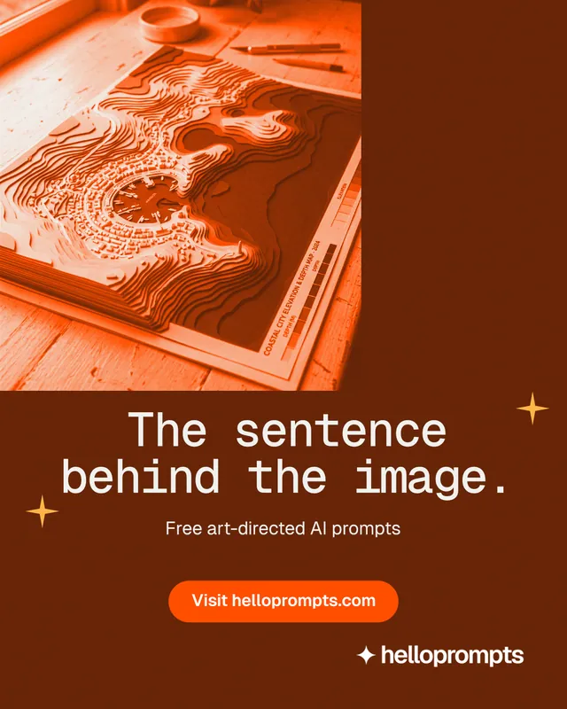 Instagram portrait post for HelloPrompts: "The sentence behind the image." Y2K style, skeleton layout, dark palette in orange.