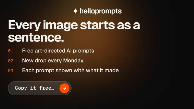 Landscape graphic for HelloPrompts: "Every image starts as a sentence." Agentic glass style, numbered layout, dark palette in orange, black.