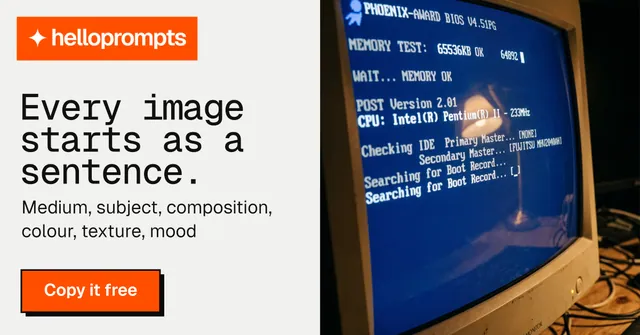 Social ad for HelloPrompts: "Every image starts as a sentence." Brutalist style, bottom layout, light palette in blue, white, orange.