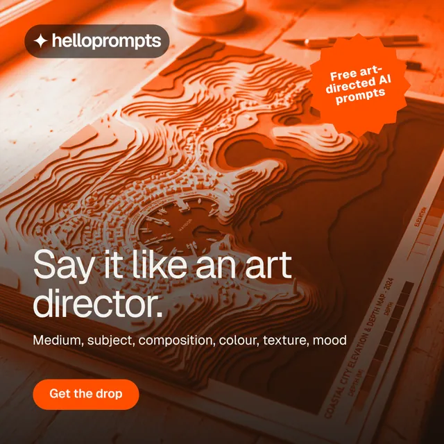 Instagram post for HelloPrompts: "Say it like an art director." Y2K style, sticker layout, dark palette in orange.