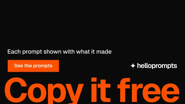 Landscape graphic for HelloPrompts: "Copy it free." Swiss style, oversized layout, dark palette in black, orange.