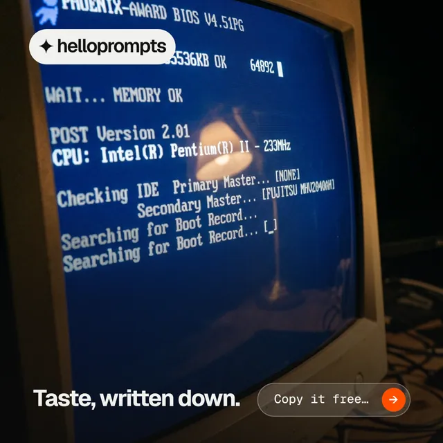 Instagram post for HelloPrompts: "Taste, written down." Agentic glass style, image led layout, dark palette in blue, black, grey.