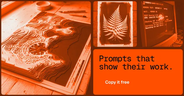 Social ad for HelloPrompts: "Prompts that show their work." Y2K style, collage layout, light palette in orange.