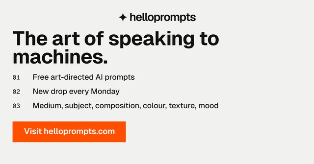 Social ad for HelloPrompts: "The art of speaking to machines." Swiss style, numbered layout, light palette in white, orange, grey.