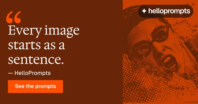 Social ad for HelloPrompts: "Taste, written down." Swiss style, quote layout, dark palette in orange.