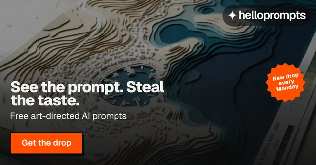 Social ad for HelloPrompts: "See the prompt. Steal the taste." Brutalist style, sticker layout, dark palette in grey, black, orange.
