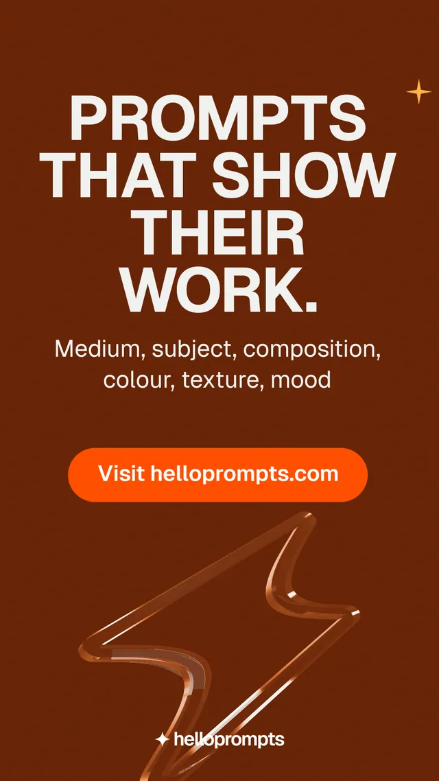 Instagram story for HelloPrompts: "Prompts that show their work." Y2K style, skeleton layout, dark palette in orange, brown.